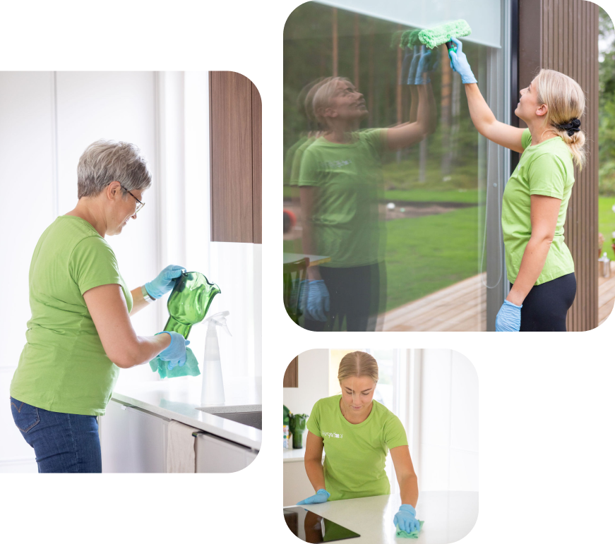 Kuvakollaasi Kotiapusi Oy:n siistijöistä siivoamassa. Mukana kuvia ikkunanpesusta ja keittiön siivouksesta.